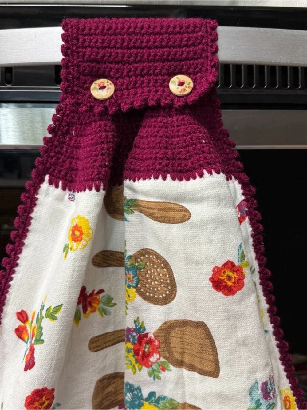 Handmade Crochet Hanging Kitchen Towel Burgundy Floral Utensils